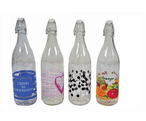 Μπουκάλι γυάλινο στρογγυλό με σχέδια και έλασμα 1Lt